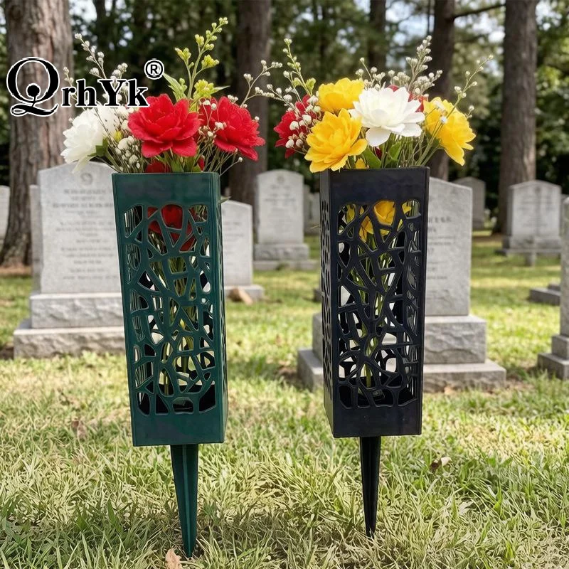 1/2/4Pcs Memorial Cemetery Vases With Stake Grave Flower Holder Outdoor Tombstone Decoration Artificial Flowers For Graves