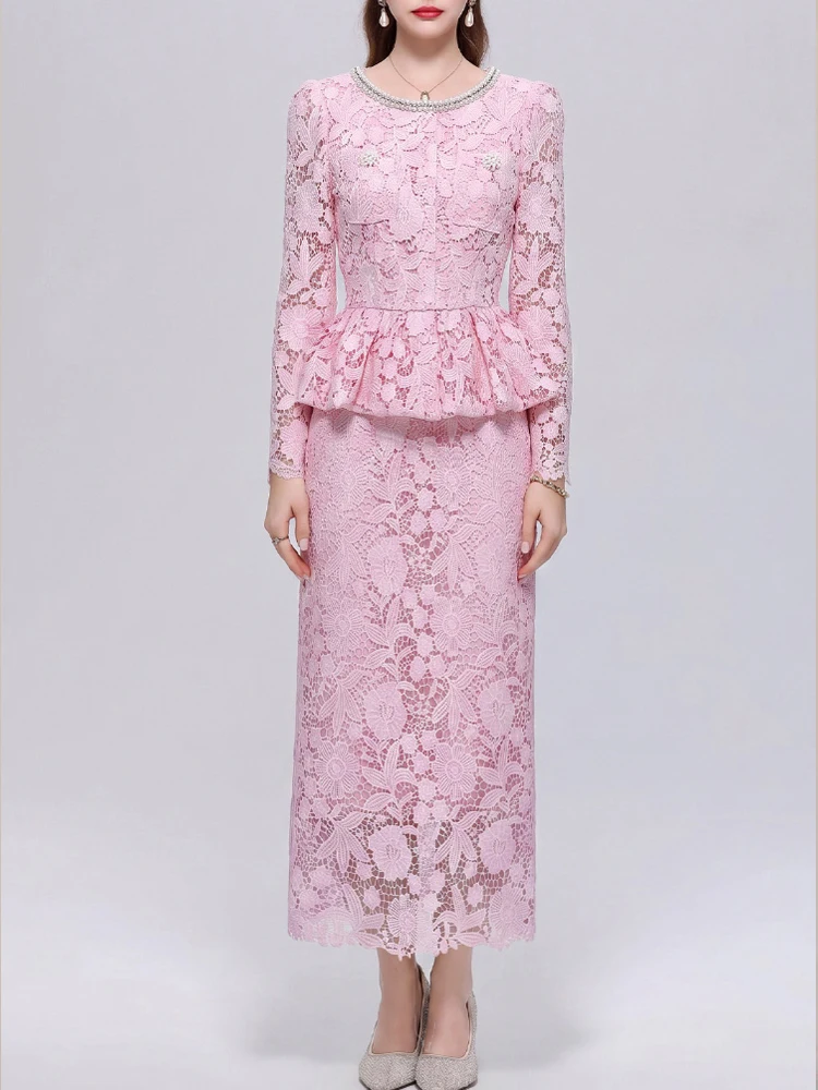 Elegant Lace Bead Round Neck Long Sleeved Ruffled Slim Fit Dress 2026 Autumn New Fashionable Women'S Clothing