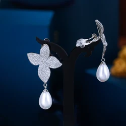 CWWZircons White Cubic Zirconia Long Dangle Water Drop Clip On Non Piercing Wedding Party Bridal Earrings Without Ear Hole CZ917