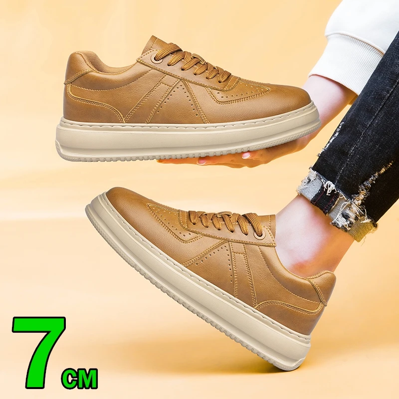 

Мужские повседневные туфли-лифты из натуральной кожи, увеличивающие рост кроссовки 7 см, модные дышащие удобные спортивные белые туфли с подъемом