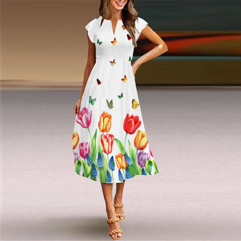 2022-Border European and American New Short Sleeve Long Dress Women's Casual Floral Print Swing Dress Bohemian Beach Dress