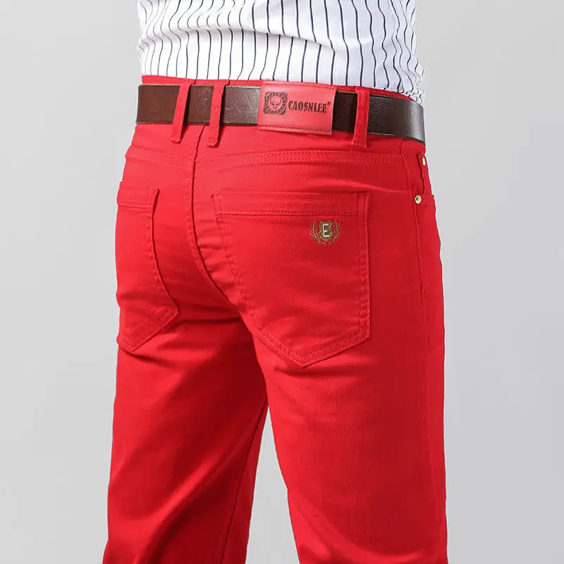 Men's Colorful 96% Cotton Denim Stretch Stretch Jeans New Elastic Yellow Pink Red Slim Male Clothing  Business Denim Trousers