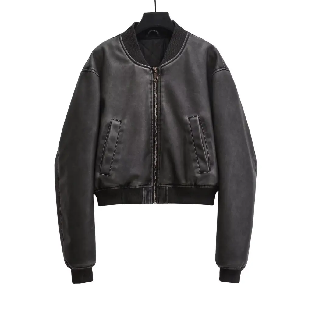 Women's Autumn Loose Faux Leather Jacket Zipper Casual Motorcycle Baseball Uniform Cotton-Padded American Street Style