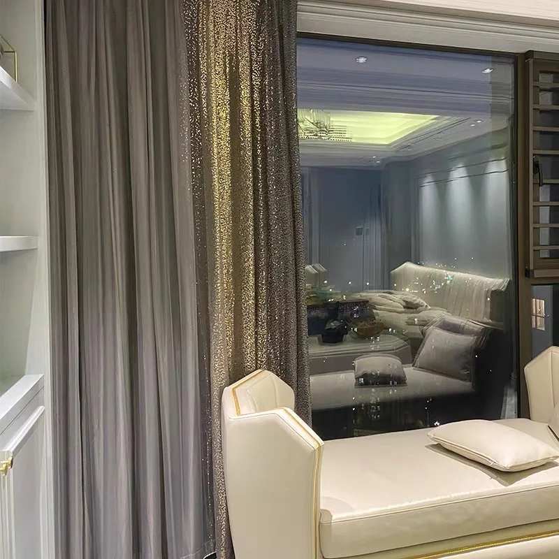 모던 라이트 럭셔리 블랙 골드 스팽글 그라데이션 튤 커튼, 북유럽 인더스트리얼 스타일 그레이 쉬어 커튼 거실 침대 룸 #4