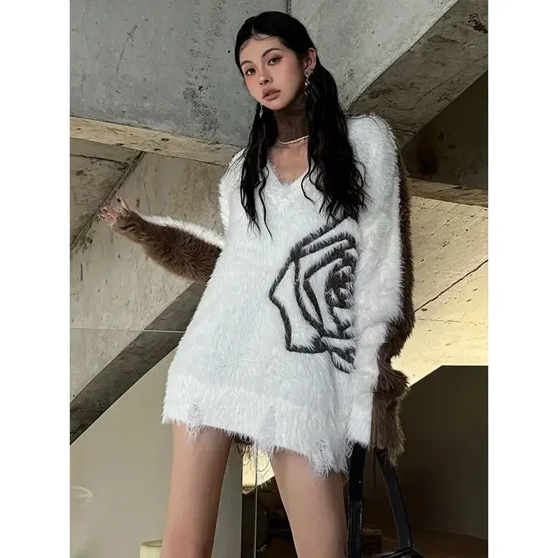 

V Neck Street Floral Print Mid Length Mink Cashmere Sueters Mujer Pullovers Grunge Knitted Women Vintage American Sweaters Y2k