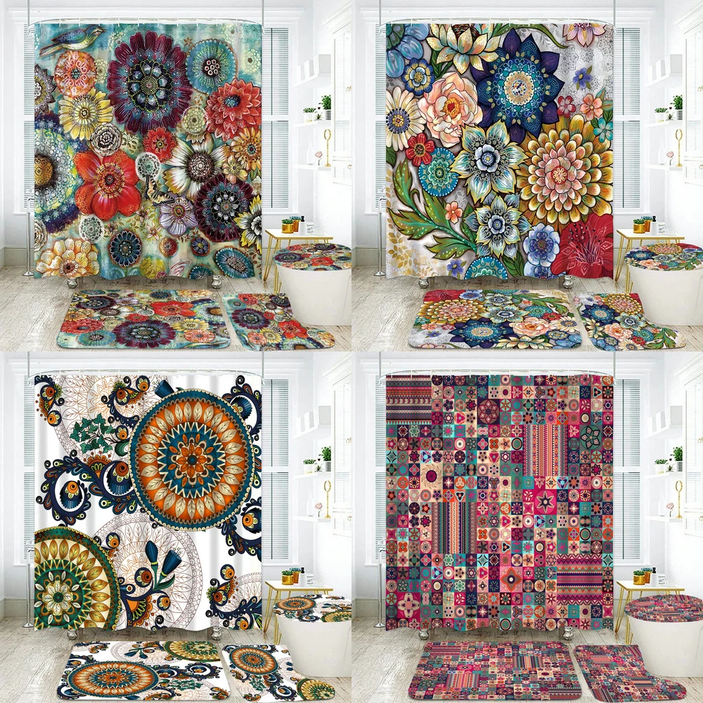 

3D Flowers Printed Bathroom Set Shower Curtain Waterproof Boho Flower Bath Screen with Anti-slip Bathing Mats Rugs Flanne