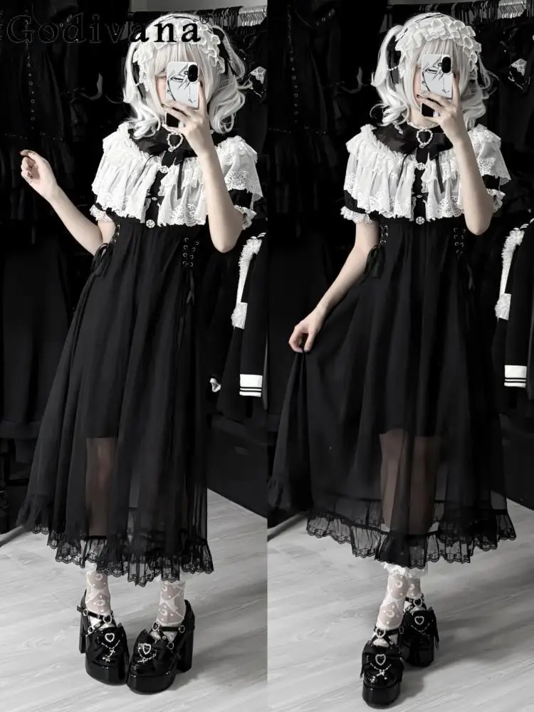 

Mine Mass- Produced Gothic Long Dress Subculture Japanese Girl's Sweet Bow Lace Cape Splicing Sleeve Dress Lolita Style Dresses