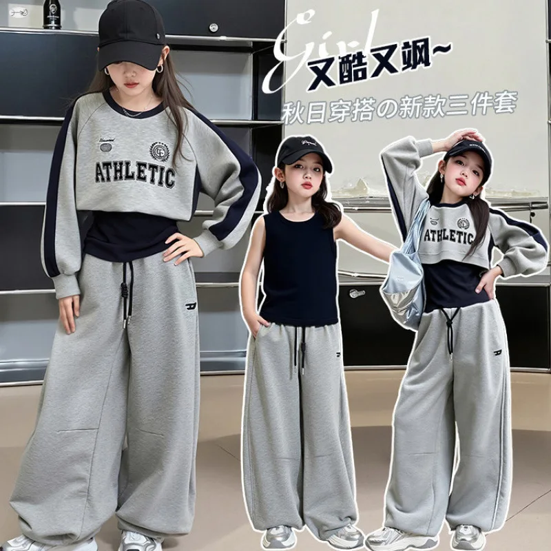 

2025 Autumn Teenager Striped Sport Suit Clothes crop Top sweatshirt + vest + loose Pants 3pcs Casual 4 7 8 10 12 14 Years Child