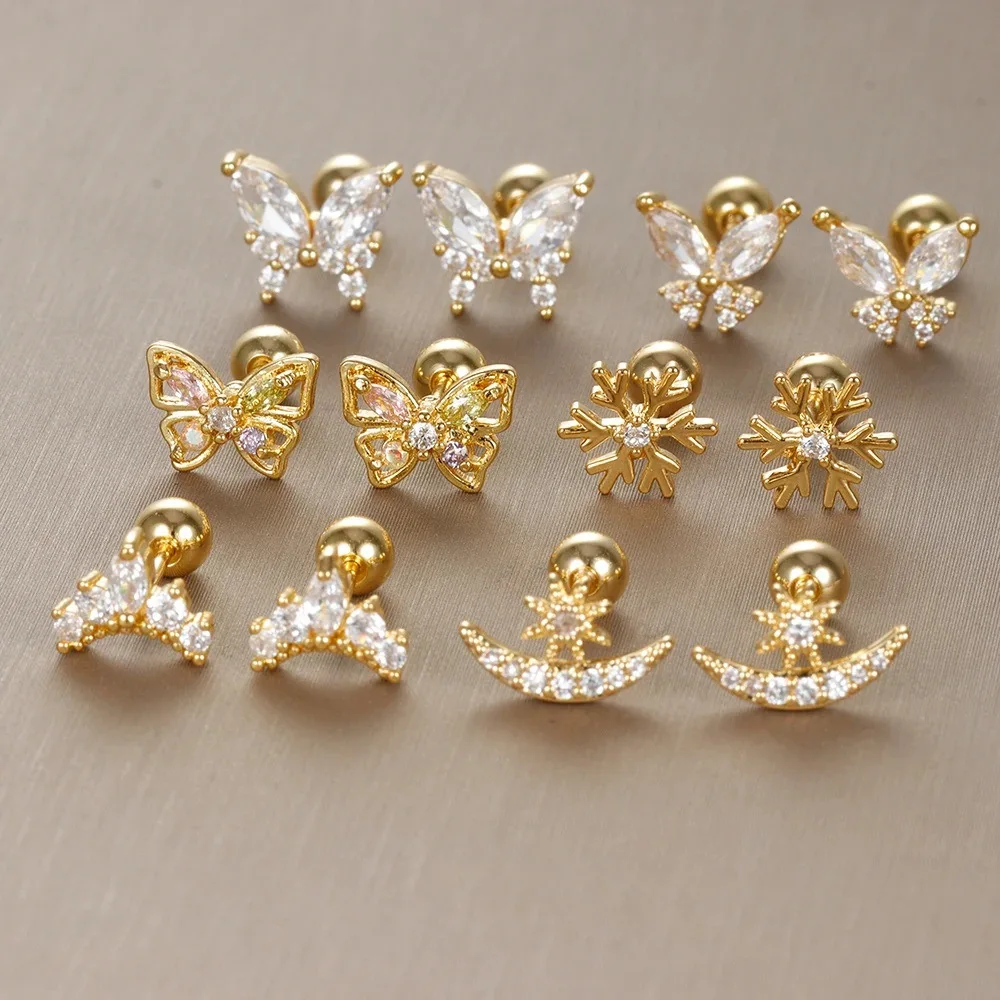 Fashion Crown Snowflake Butterfly Star Moon Earrings Set For Women Colorful Zircon Aesthetic Earring Korean Jewelry Gifts ﻿