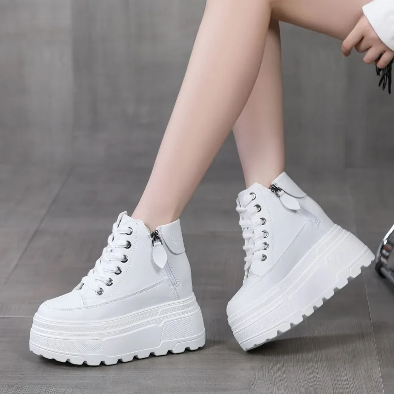 

New 10CM Spring And Autumn Platform Ankle Boots Women Chunky Shoes Lace-up Tennis Sneakers Woman Leather Boots Walking shoes