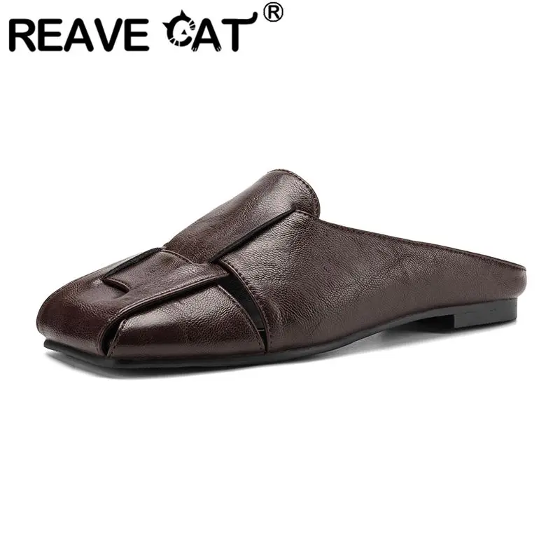

Женские туфли-мюли REAVE CAT коричневого цвета с квадратным носком, без застежек, большие размеры 41, 42, 43, мягкие повседневные женские туфли, нескользящая уличная обувь