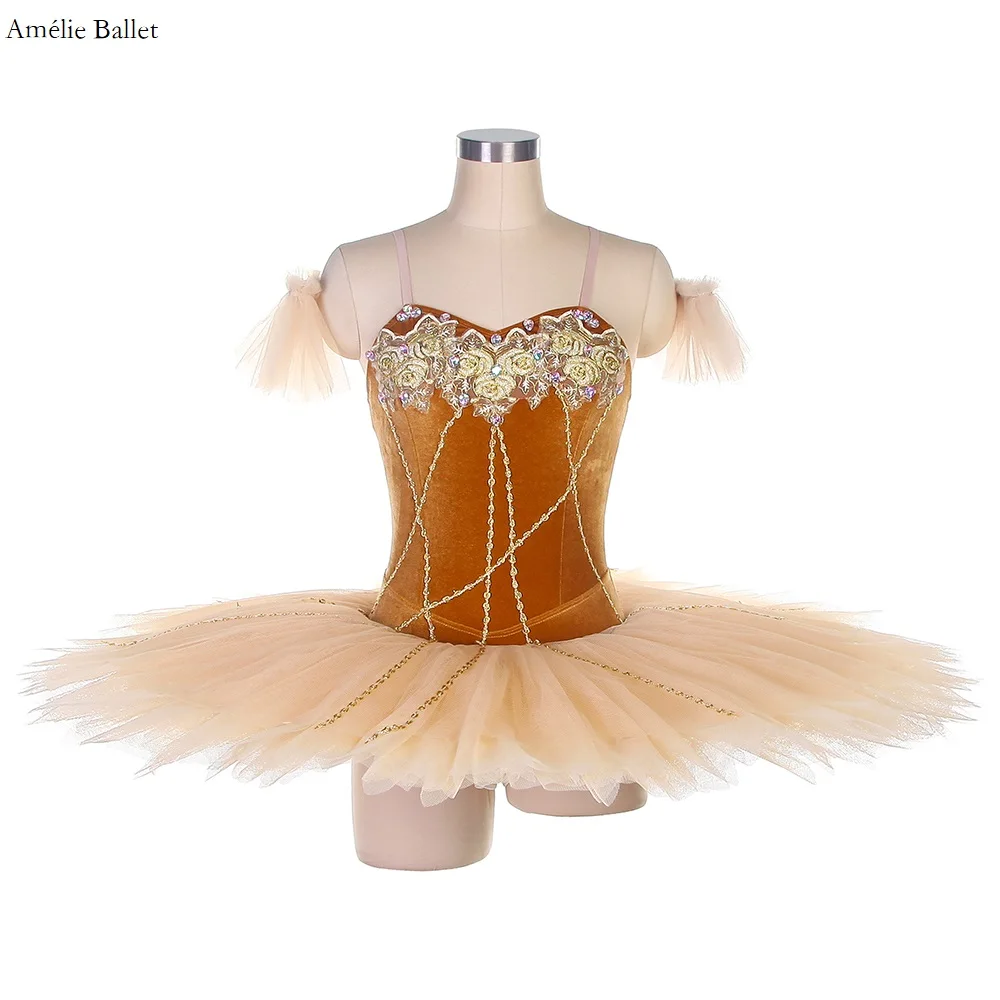 BLL457 Light Brown Velvet Pre-Professional Classical Ballet Dance Tutu Adult Girls Stage Performance Wear Pancake Tutu