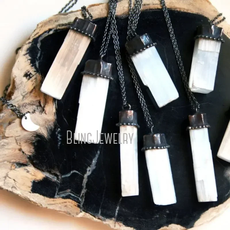 10pcs White Natural Stone Selenite Bar Pendant Necklace Rod Crystal Jewelry Gunmetal Chain Collare Goth Goblincore Grunge Boho