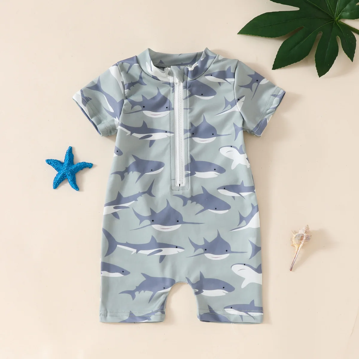 Baby Boy 3-6 Months Cartoon Shark Print Round Neck Front Zipper Cute Casual Seaside Vacation Short-Sleeved One-Piece Swimsuit