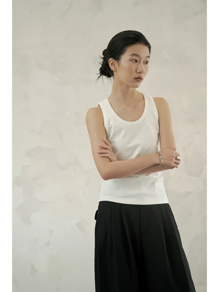 Classic Elastic Knitted Wide Strap Workwear Tank Top Women's Cotton Blend Short Style  Color Versatile Fashion Summer