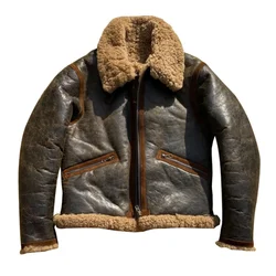 Dark Brown Winter Shearling Jacket Men Retro Vintage Style Plus Size 6XL Genuine Natural Sheepskin Thick Warm Flight Coat