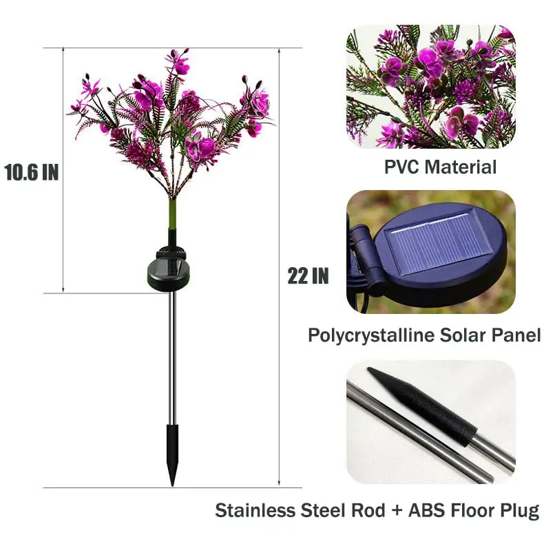 Luces solares de jardín al aire libre, 14 LED, Phalaenopsis, luces de flores solares impermeables IP65, luces de estaca solares, decoración de