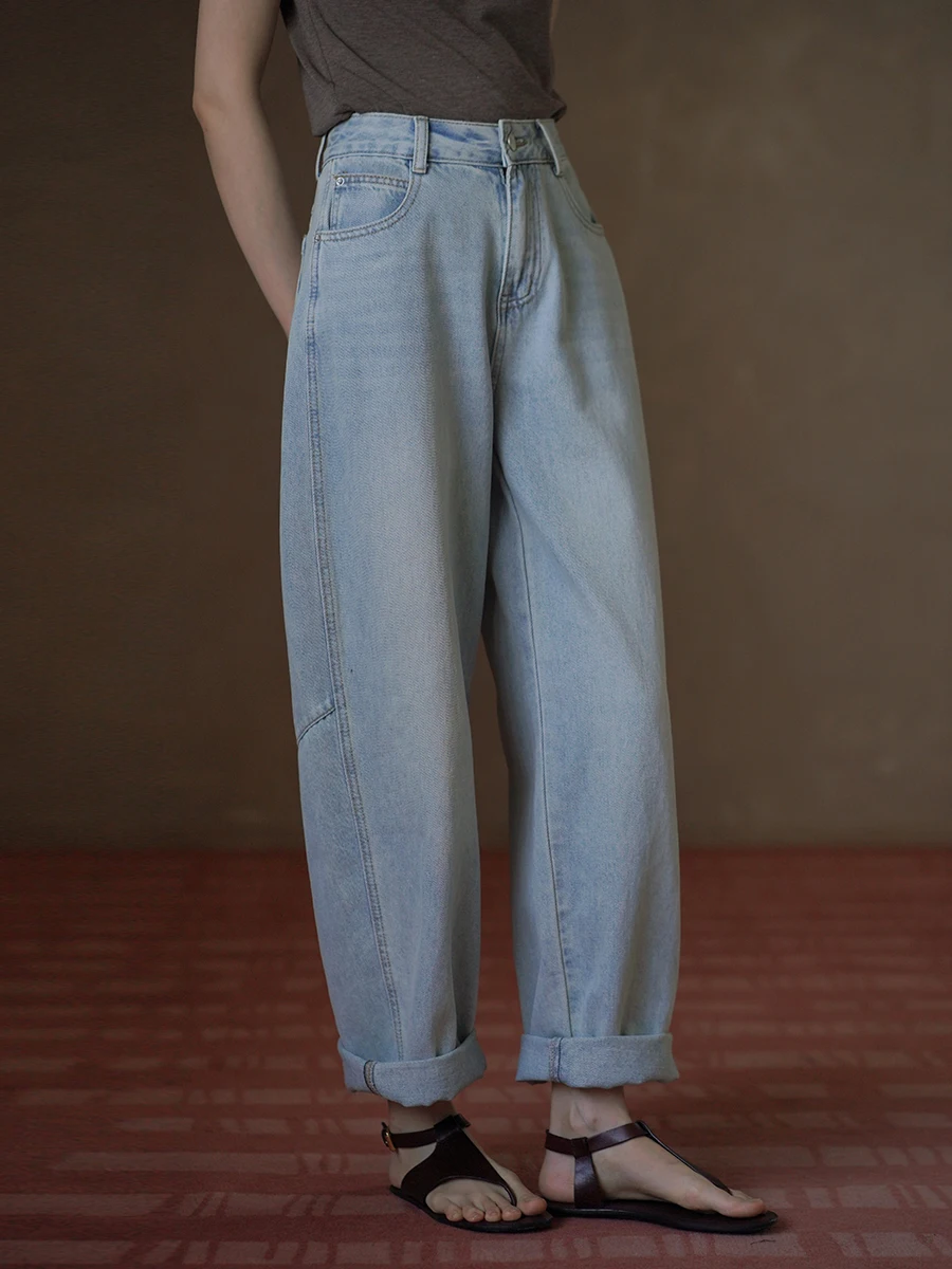 

Женские джинсы с высокой талией и широкими штанинами, винтажные, с эффектом потертости, модные, повседневные, прямые, из смесового хлопка и полиэстера