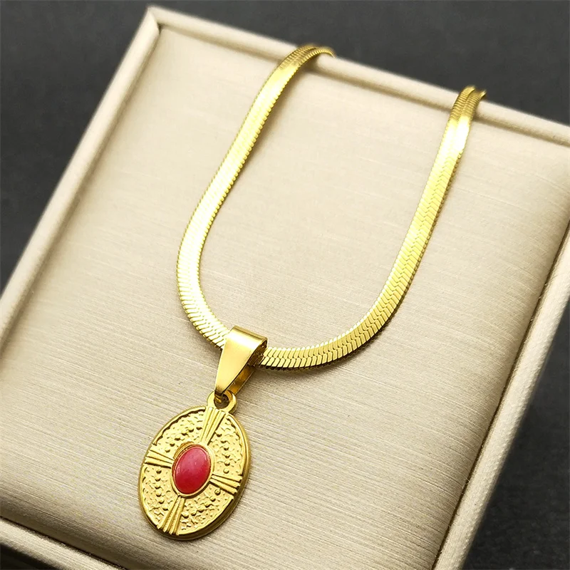 

Natural Stone Oval Cross Pendant Necklace For You Women Men Stainless Steel Gold Color Vintage Jesus Choker Chain Party Jewelry