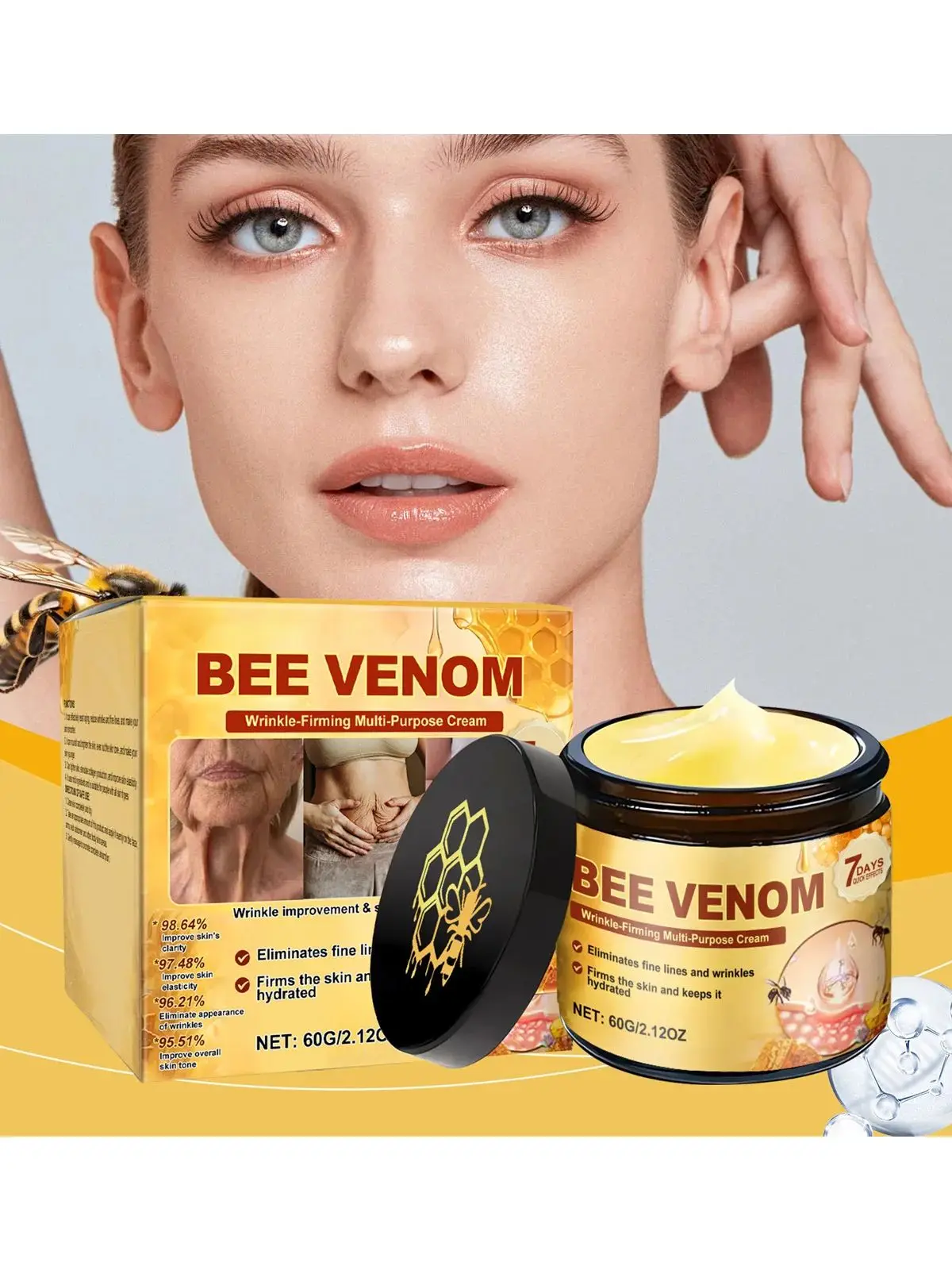 Crème raffermissante au venin d'abeille pour l'affaissement de la peau, Lifting, raffermissement, Anti-rides, estompe les ridules, crème hydratante multi-action pour le corps