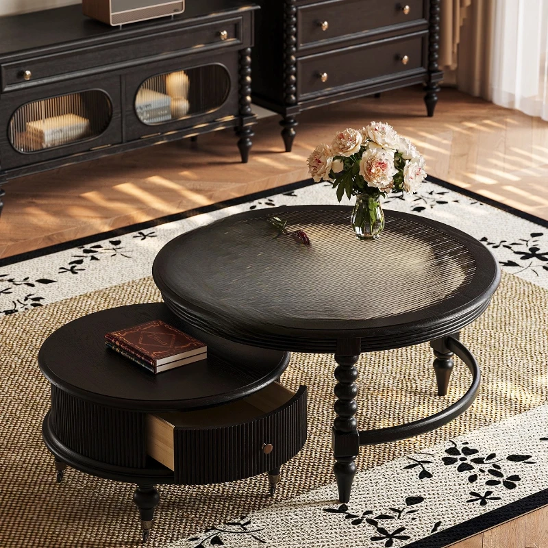 

Coffee table French retro solid wood small apartment simple American living room antique round tea table
