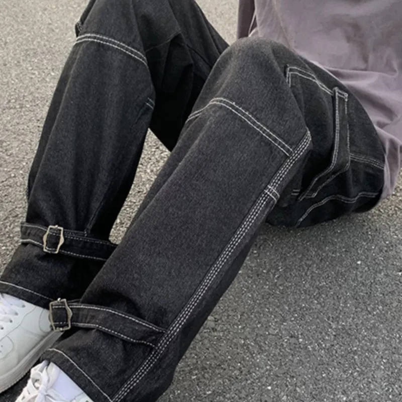 2025 carga jeans homens perna larga jeans hip hop casual em linha reta baggy calças jeans streetwear skate calça neutra