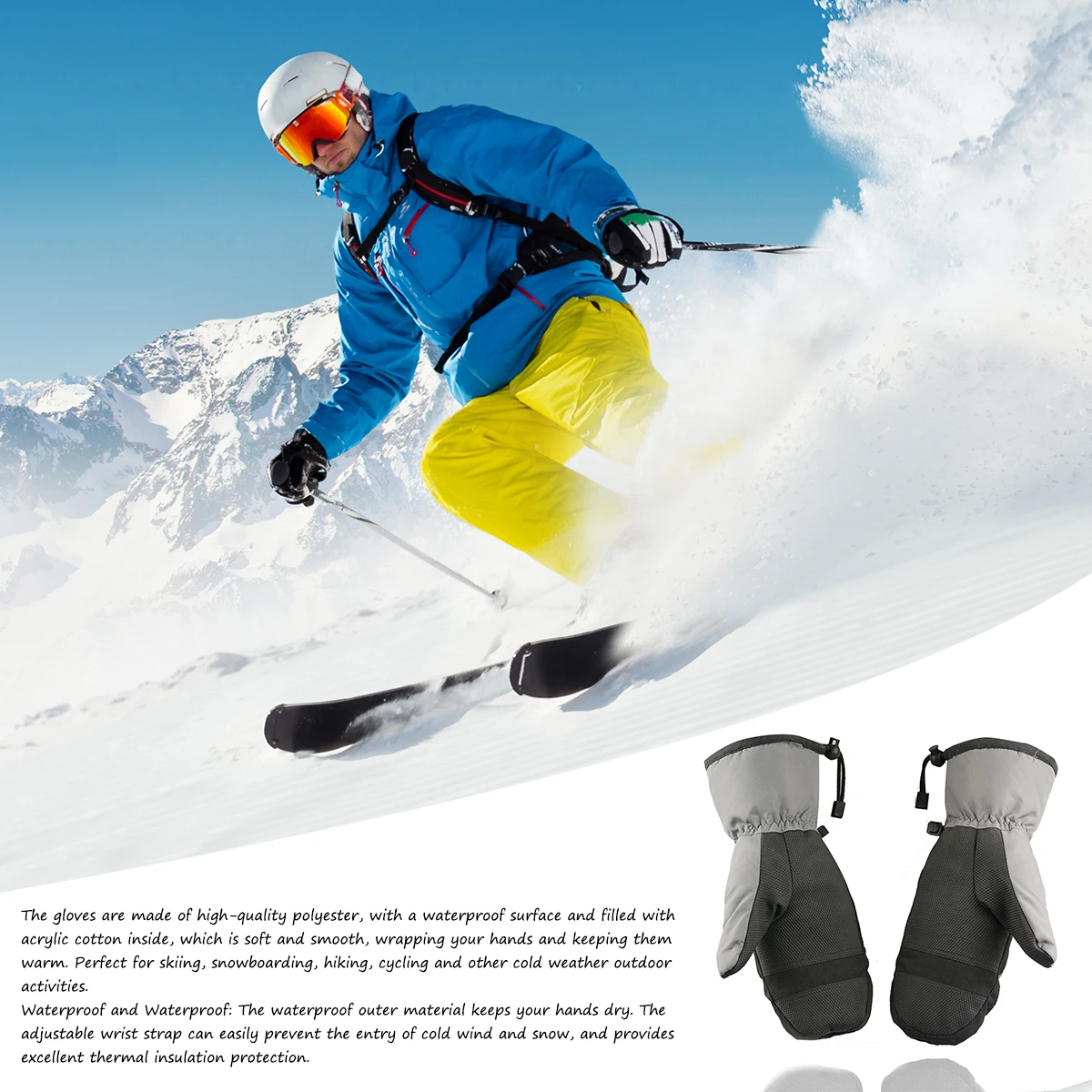 

Mens Ski Mittens Waterproof Windproof Snowproof Fleece Lined Gloves Warm Winter Mittens for Outdoor