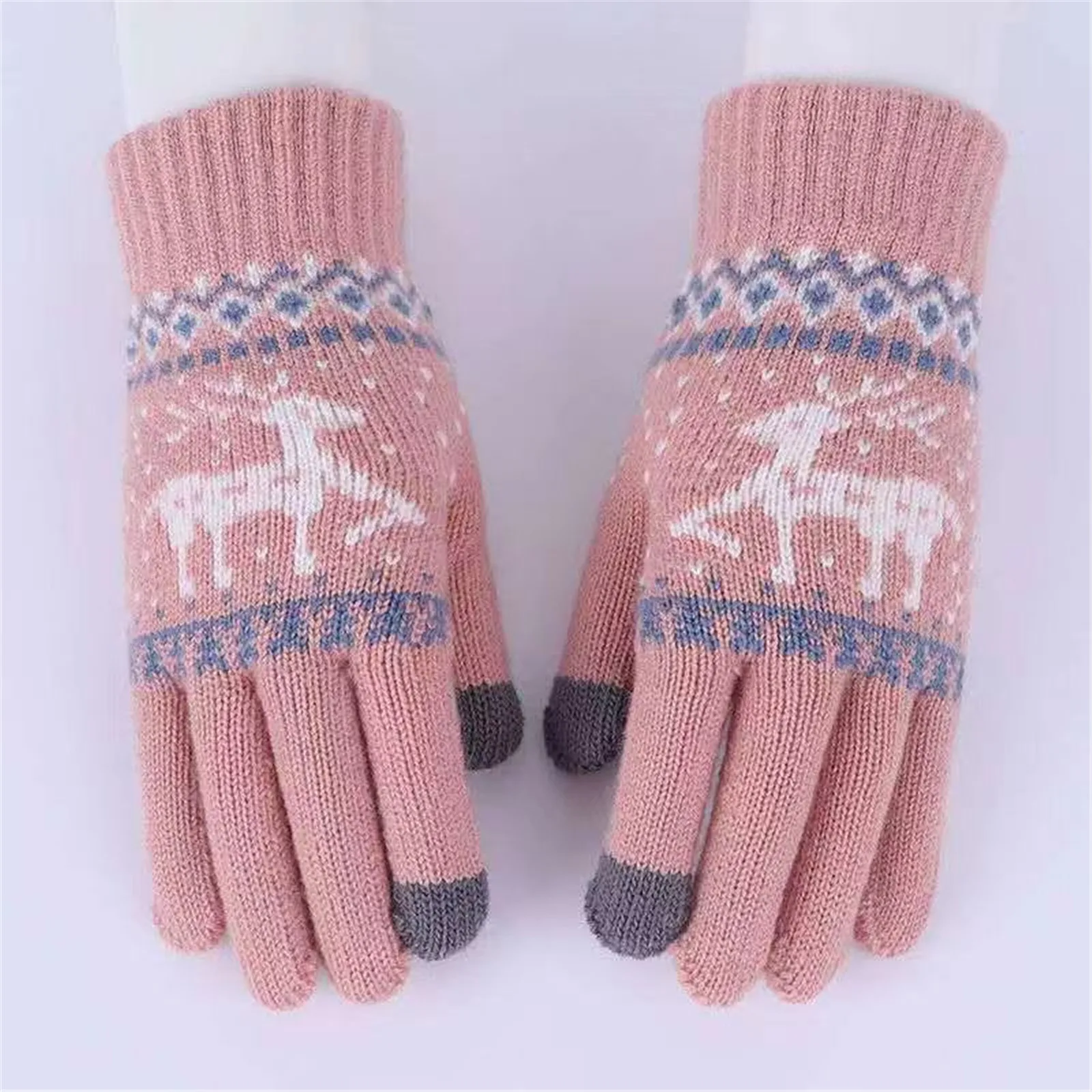 Women Thickened Velvet Gloves Winter Warm Cycling Anti-cold Christmas Deer Knitted Wool Gloves Girls Cycling Touchscreen Mittens