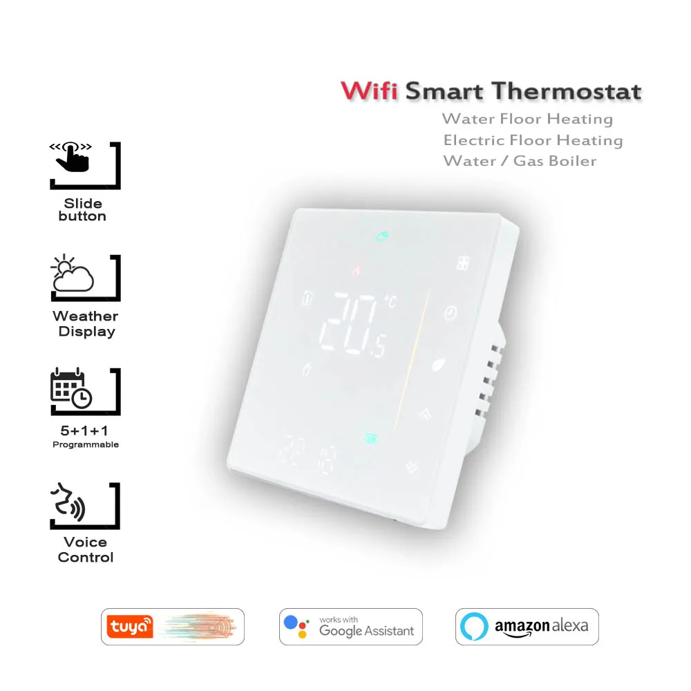 Wi-Fiサーモスタット温度コントローラー,24vac 95-240ac,alexaと連携するタッチスクリーン付き,Google Home