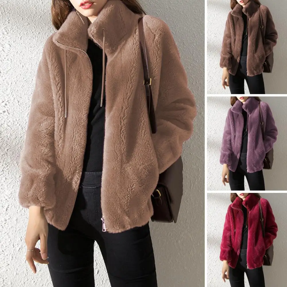 Lady Winter Coat Stand Collar Neck Double sided Outerwear Plush Long Sleeves Cardigan Daily Commute Travel Jacket