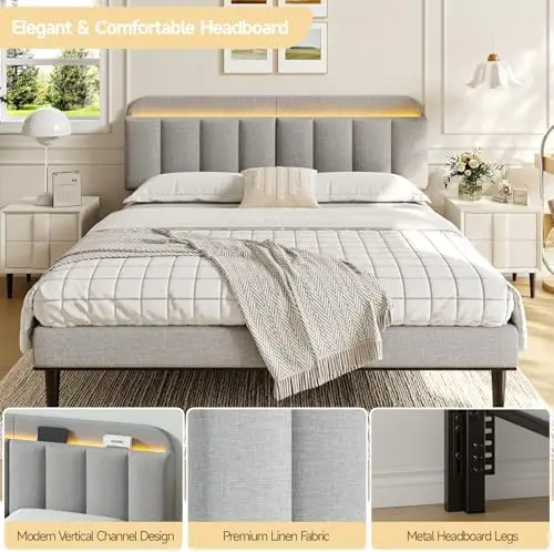 Adjustable Headboard for King/California King Size Bed Frame, Linen Fabric Bed Headboard with Storage & RGB LED Light - view 6
