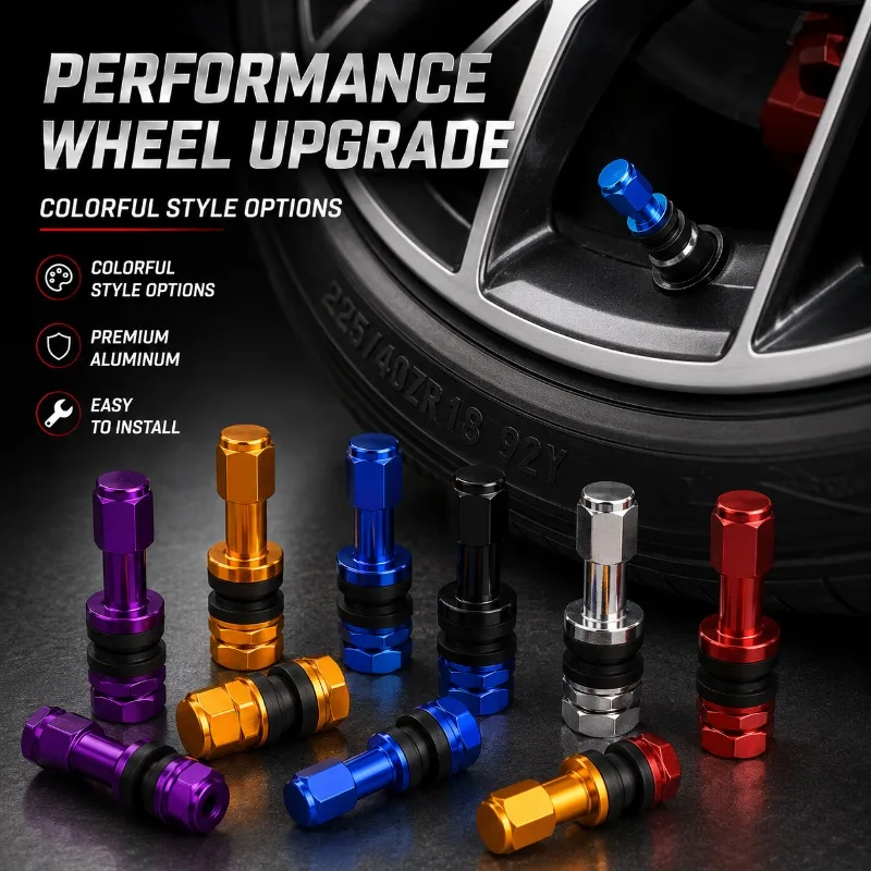 4PCS TR43E Car Tire Valve Stem Set, Anodized Aluminum Tubeless Rim Valves with Rubber Grommets, Universal Wheel Fitment Kit
