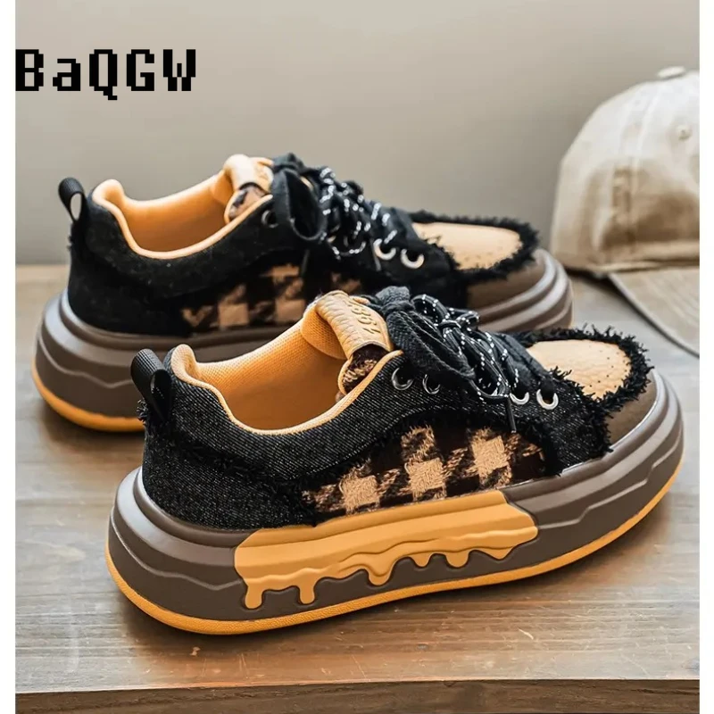 

Кроссовки унисекс 2026 с принтом «гусиная лапка», из потертого денима, на массивной толстой платформе, для повседневной носки, для мужчин и женщин