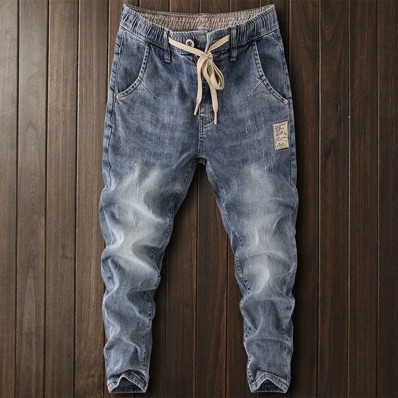 Fashion Designer Jeans for Men Drawstring Waist Elastic Band Casual Boyfriend Stretch Denim Trousers Jogger Harem Pants Male