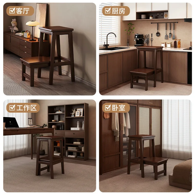 Solid Wood 2‑Step Dual‑Use Folding Step Ladder Stool Multi‑Functional Stable Household Climbing Ladder Chair for Indoor Home