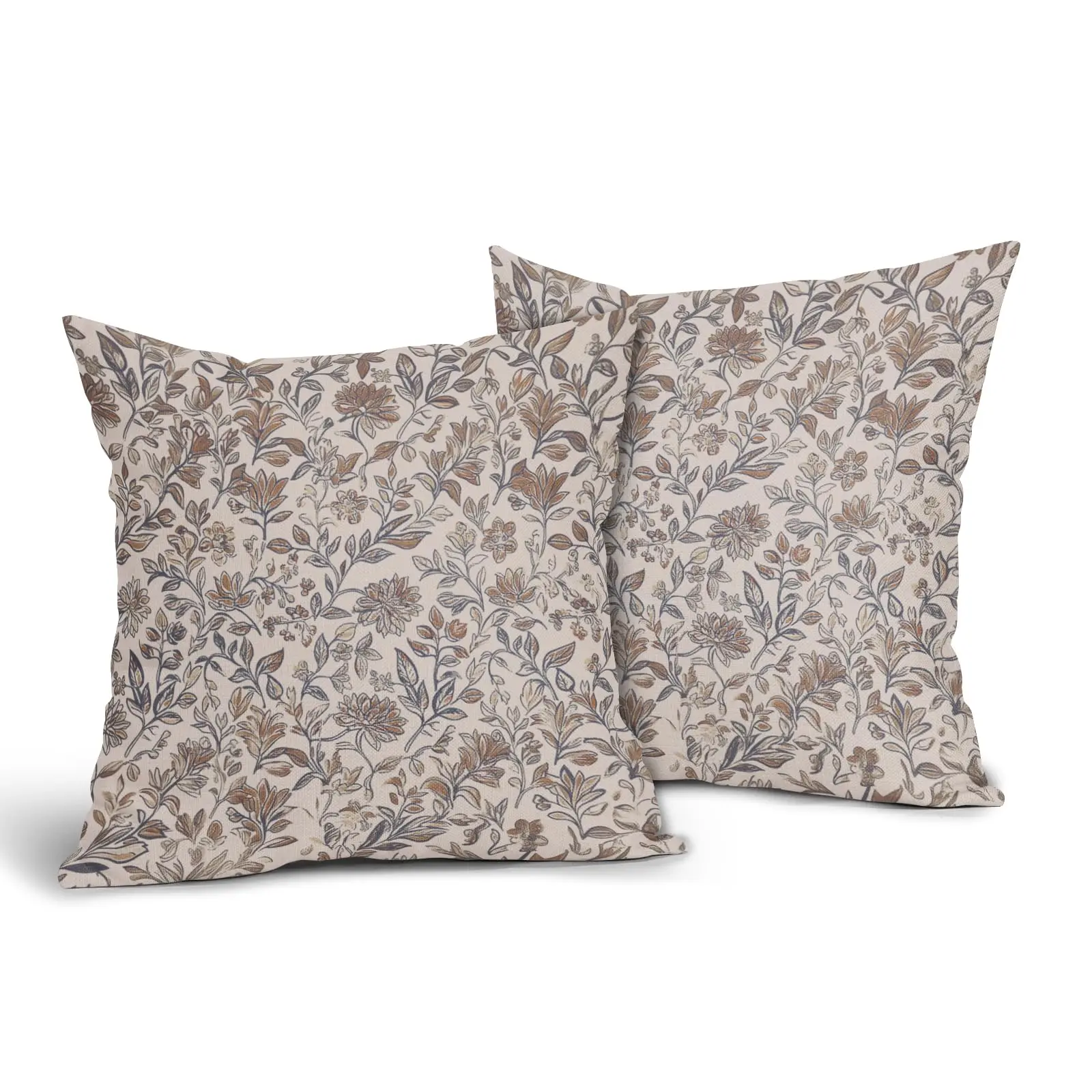 Vintage Floral Pillow Covers Set of 2 Antique Flower Block Print Throw Pillow Covers Neutral Traditional Square Cushion Case
