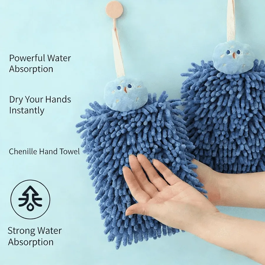 1PC Cute Plush Chenille Hand Towel, Hanging Absorbent Quick-Dry Towel for Bathroom & Kitchen