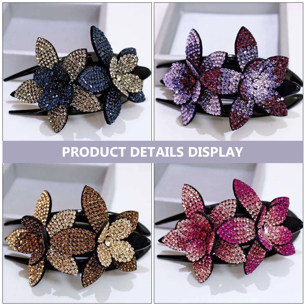 

4pcs Rhinestone Double Flower Hair Clips Women Nonslip Comb Barrettes Floral Hairpin Elegant Styling Accessories For Daily Wear