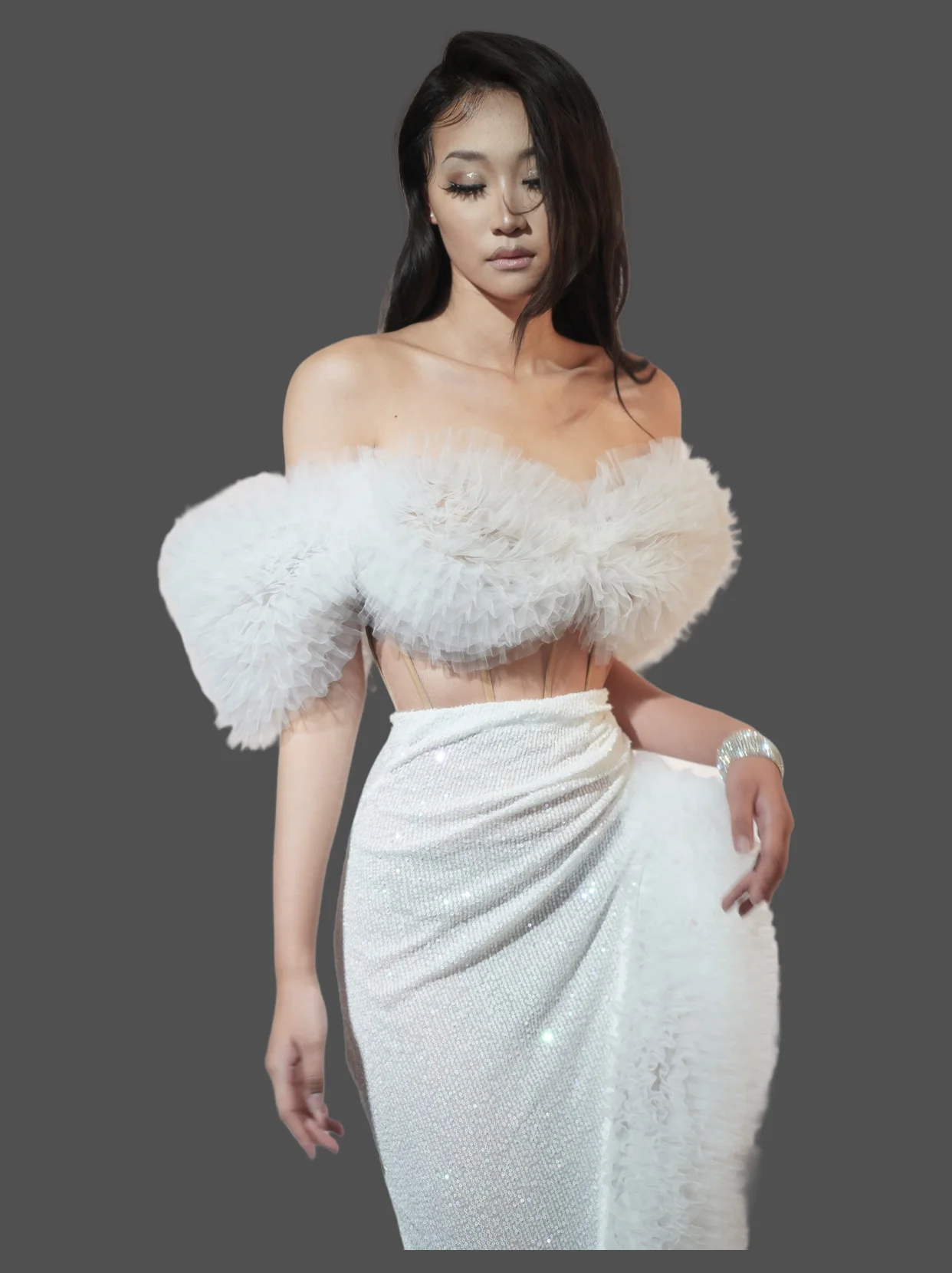 Elegant White Banquet Long Dress Women Sexy Off-shoulder Sheer Formal Evening Birthday Party Gown Photo Shoot Stage Show Wear