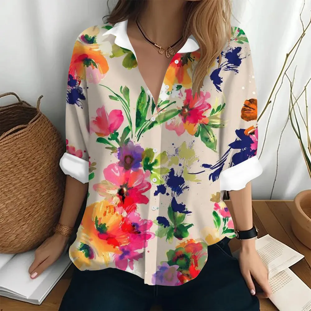 Ladies Blouse Top Long Sleeved New Solid Color Floral Elegant Floral 3D Digital Printing 2024 Blouse Top Autumn Versatile Loose