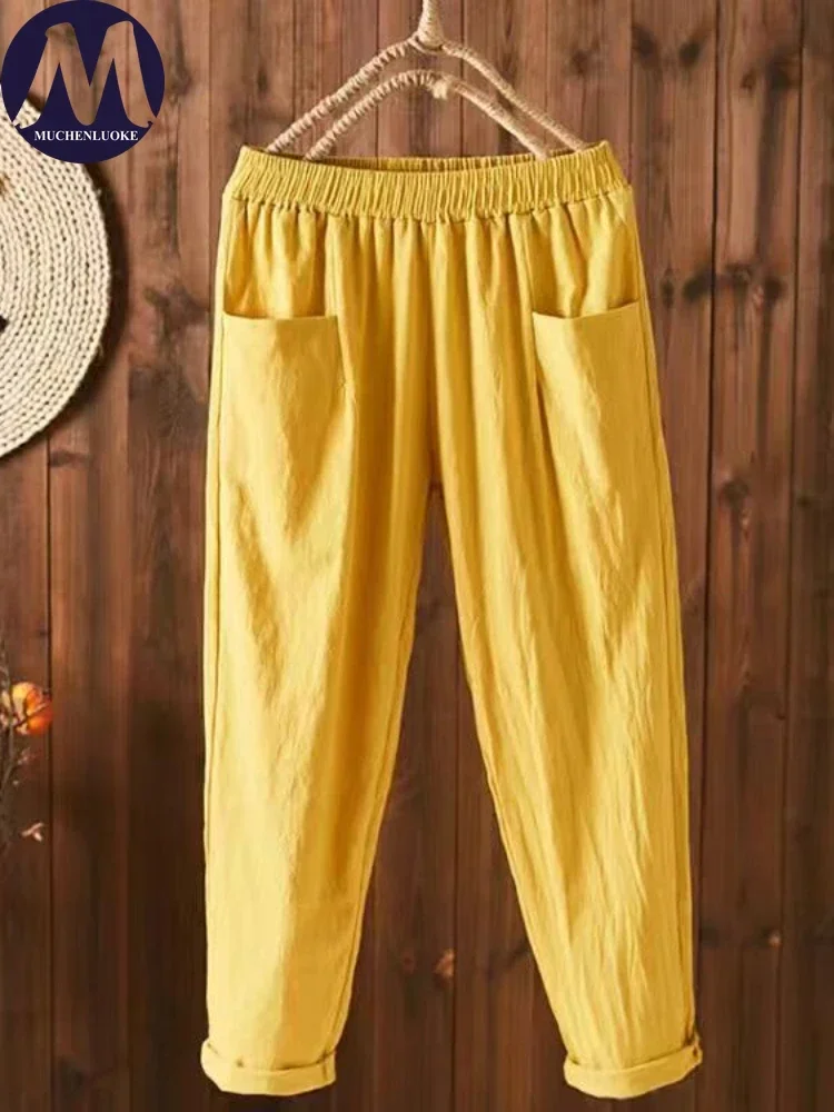 Calça feminina fina de cintura alta elástica, calça Harun de tubo reto, calça solta de lazer, moda coreana, verão, nova, 2023