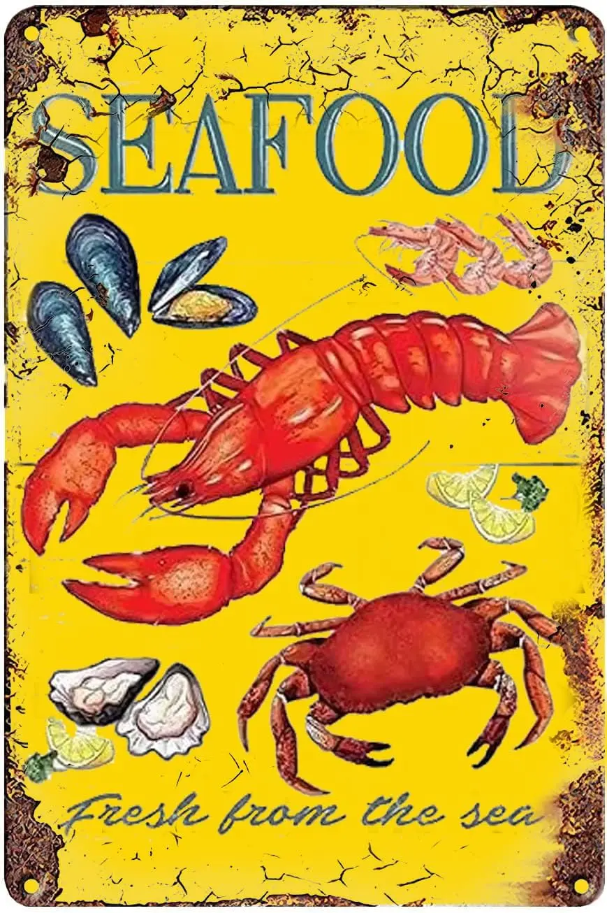 Vintage Metal Tin Sign Lobster Metal Sign Seafood Crab Lemon Lobster Vintage Metal Pub Club Cafe bar Home Wall Art Decorati sign
