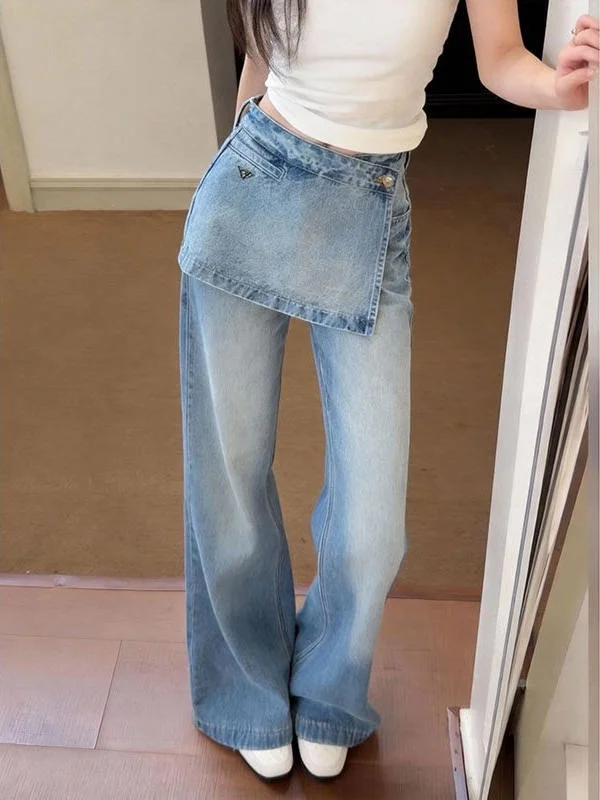 

High Waist Straight Leg Blue Jeans Wide Leg Pants Women's Summer New Style European Goods Fake Two-Piece Casual Loose Fit