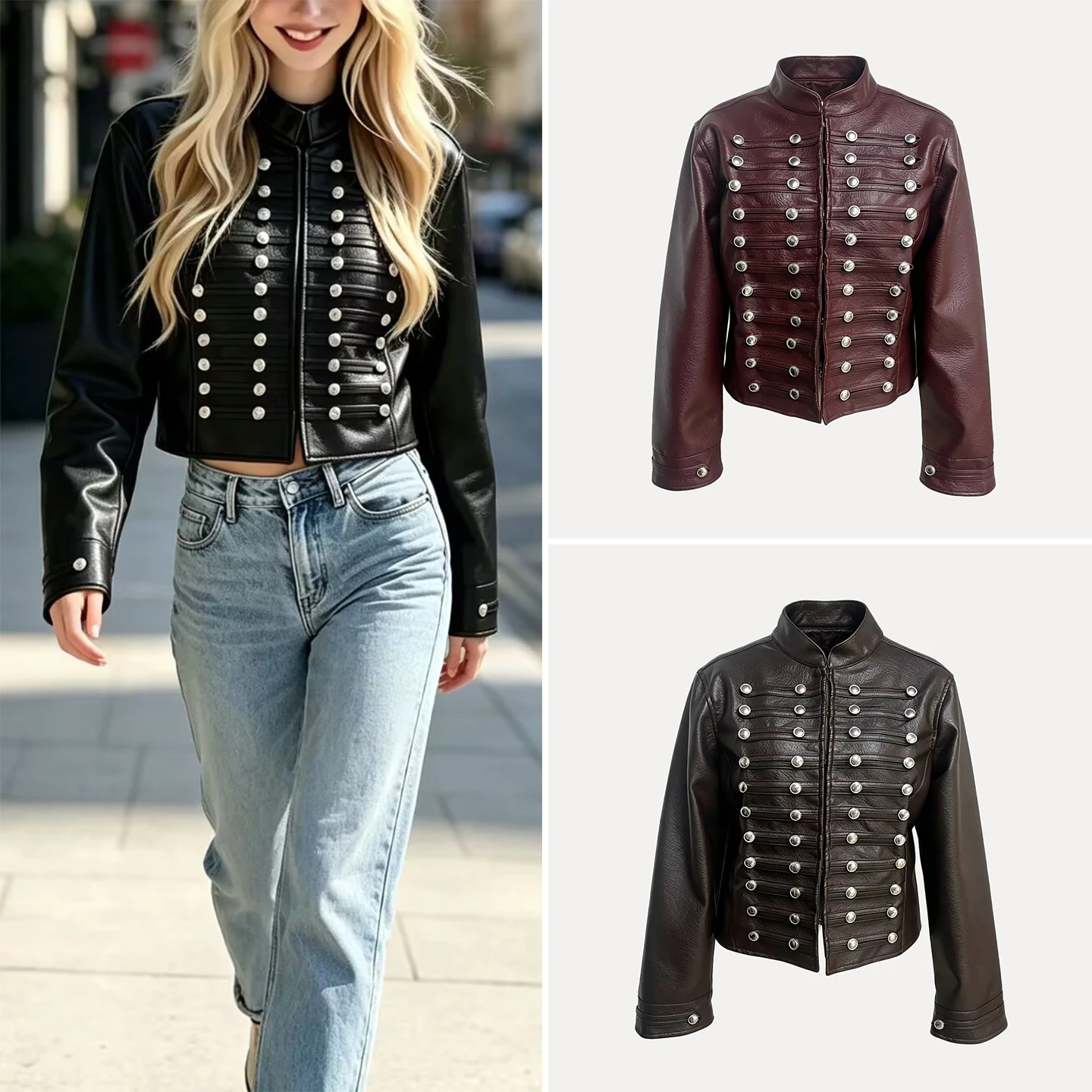 Fashionable Napoleon Style Stand Collar Button Jacket Women's Autumn Wear Casual Loose Fit Short Outerwear by ZADATA