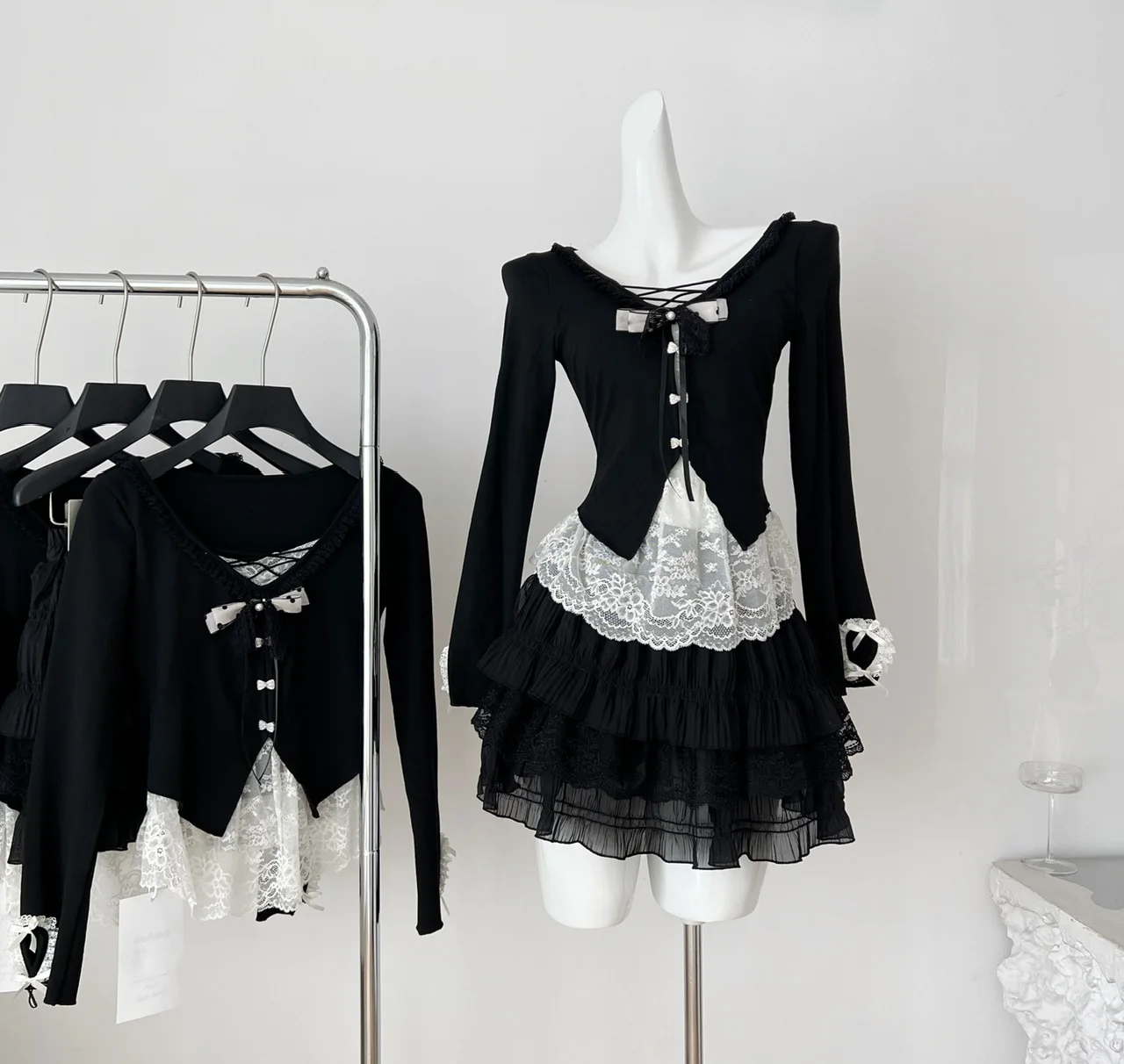 Autumn Japanese Sweet Vintage Street Wear Y2K 2000s Two-piece Set Women's Fake Two-piece Top + Mini Cake Skirt Casual Sexy Set