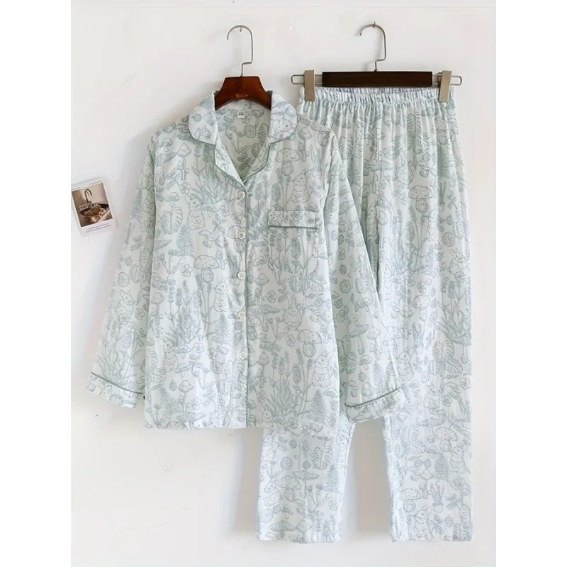 

Женский пижамный комплект 100, хлопково-марлевая одежда для сна, свободный крой с длинными рукавами, комплект из двух предметов, удобная дышащая ночная рубашка, домашняя одежда