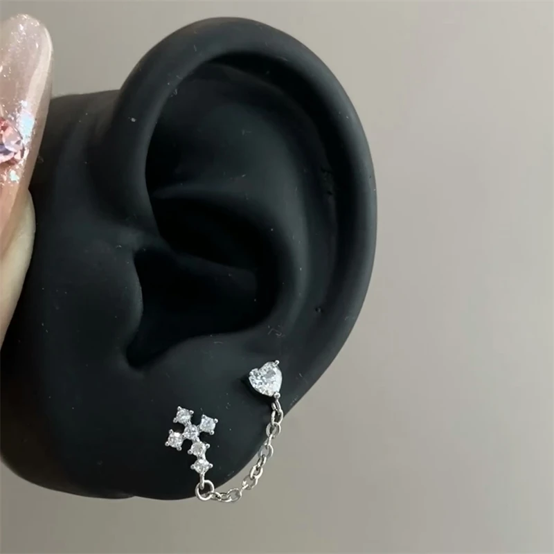 1PC Silver Color Cross Double Ear Hole Chain Tassel Ear Bone Nail  Bling Zircon Inoxidable Stainless Steel Earrings Jewelry Gift