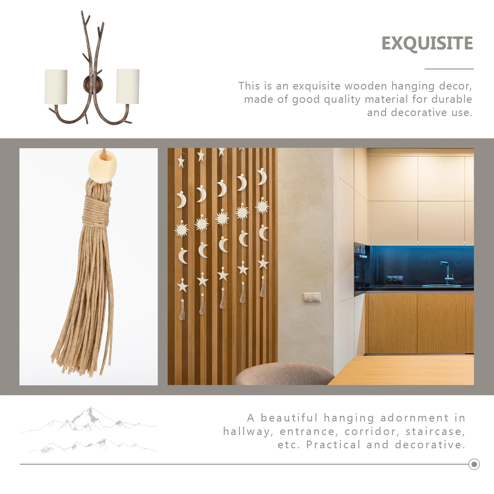 

1pc Exquisite Wood Craft Pendant Indoor Scene Hanging Decor Star Moon Shaped Home Wall Decoration Bohemian Style Fine