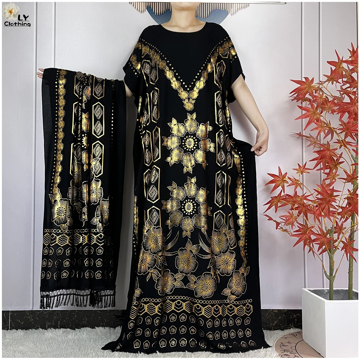 

Newest Muslim Summer Abaya Dress Short Sleeve Cotton Loose Fashion Robe With Big Scarf Gold Stamping Maxi Islam African Clothing