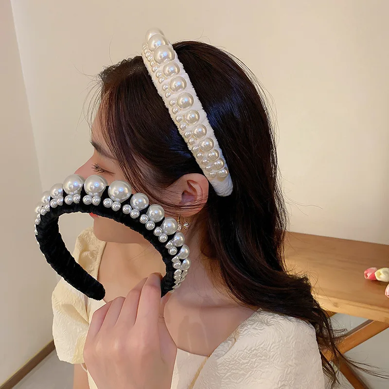 Hot selling large pearl wrapped headband Fabric Versatile Pearl Hair Hoop French retro pearl velvet Hair accessories